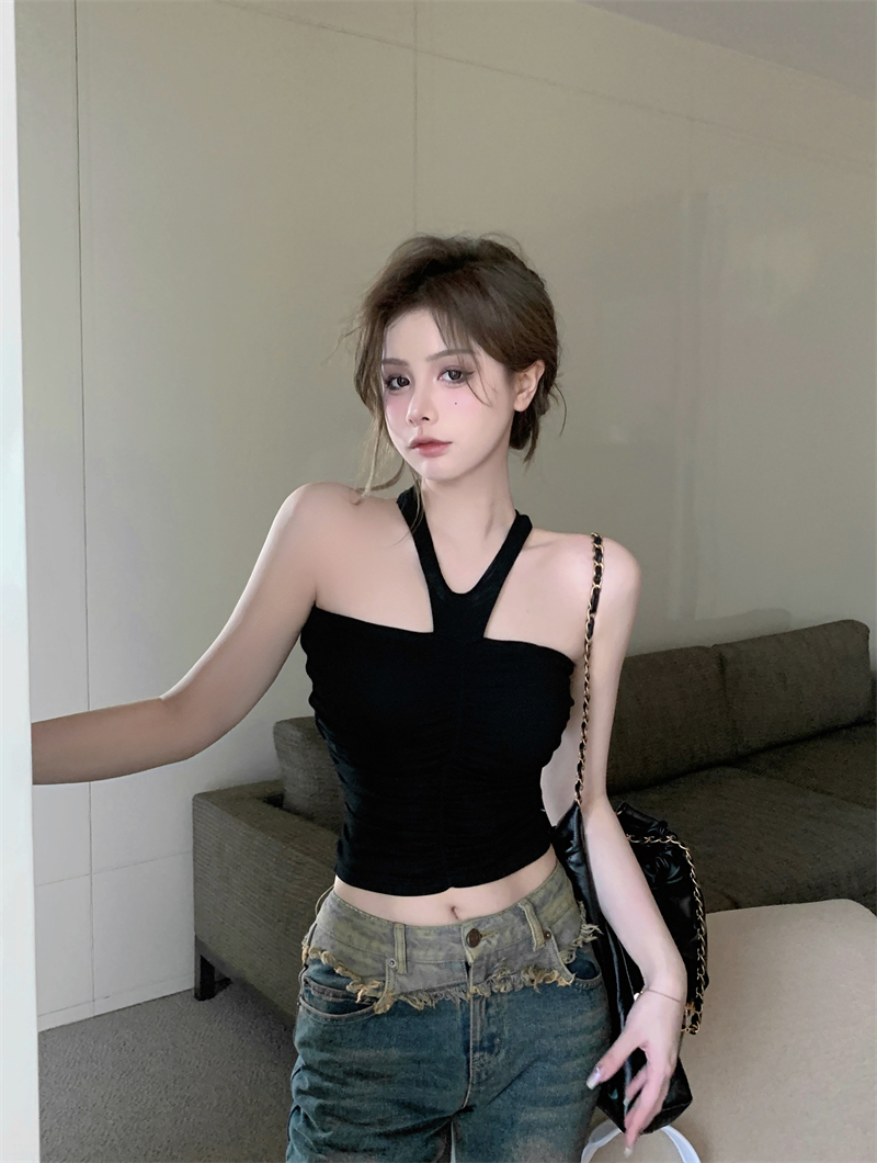 實拍~黑色掛脖性感吊帶背心彈力大顯身材外穿辣妹上衣~含胸墊