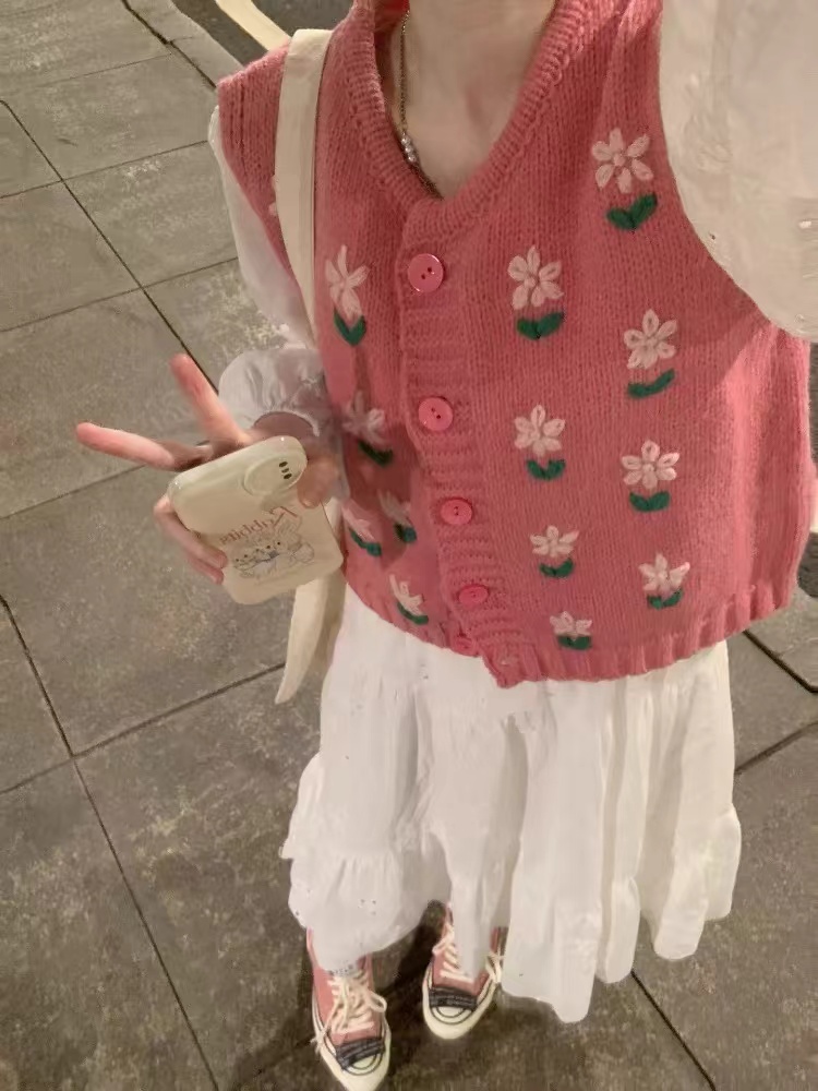 粉色小花朵毛衣馬甲女春季新款寬鬆韓版無袖針織開衫外搭上衣