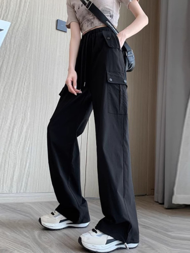黑色速干工装裤女夏季薄款小个子抽绳束脚直筒宽松休闲运动裤