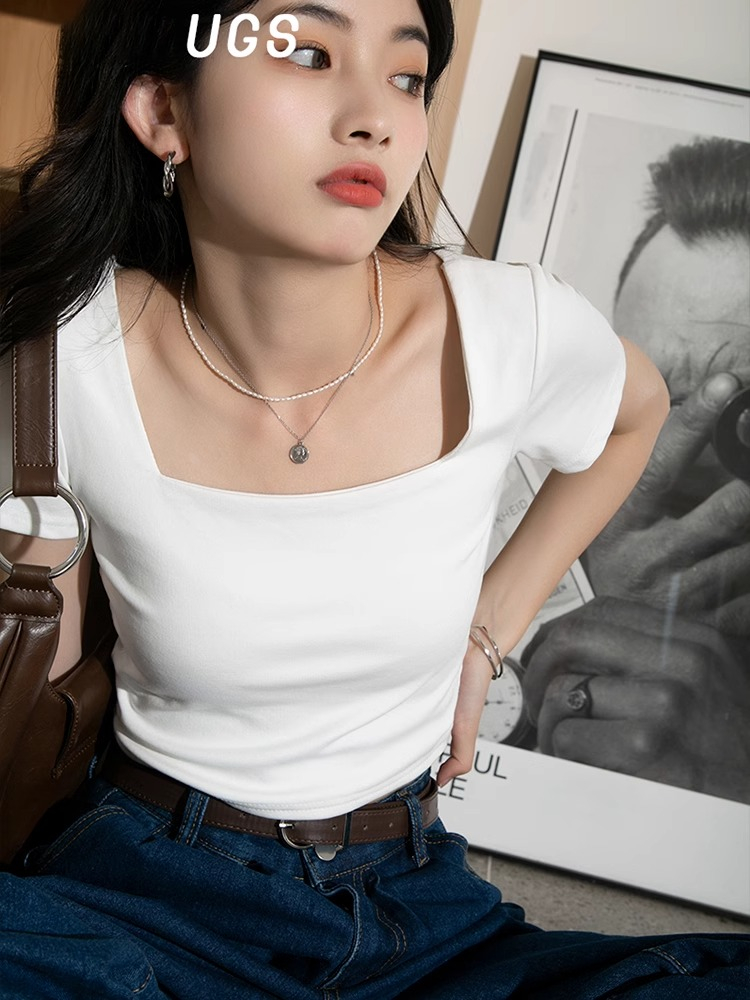 方領白色短袖t恤女潮ins內搭修身顯瘦高腰短款露肚臍純棉上衣