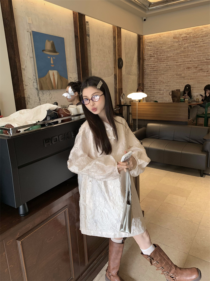 Real shot of retro improved new Chinese style disc button embossed jacquard dress