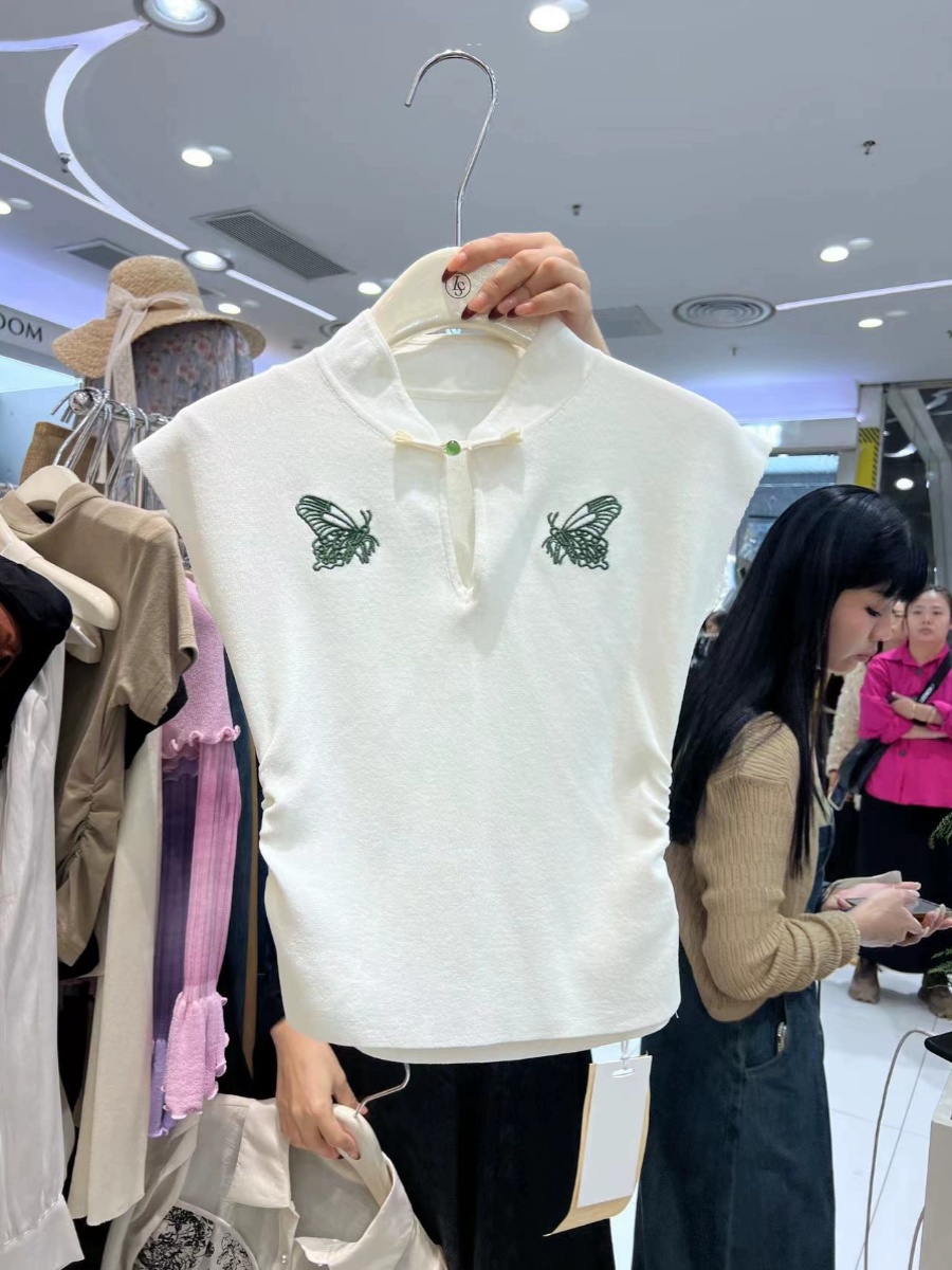 韓國東大門新款復古新中式半高領刺繡修身短款無袖T恤女