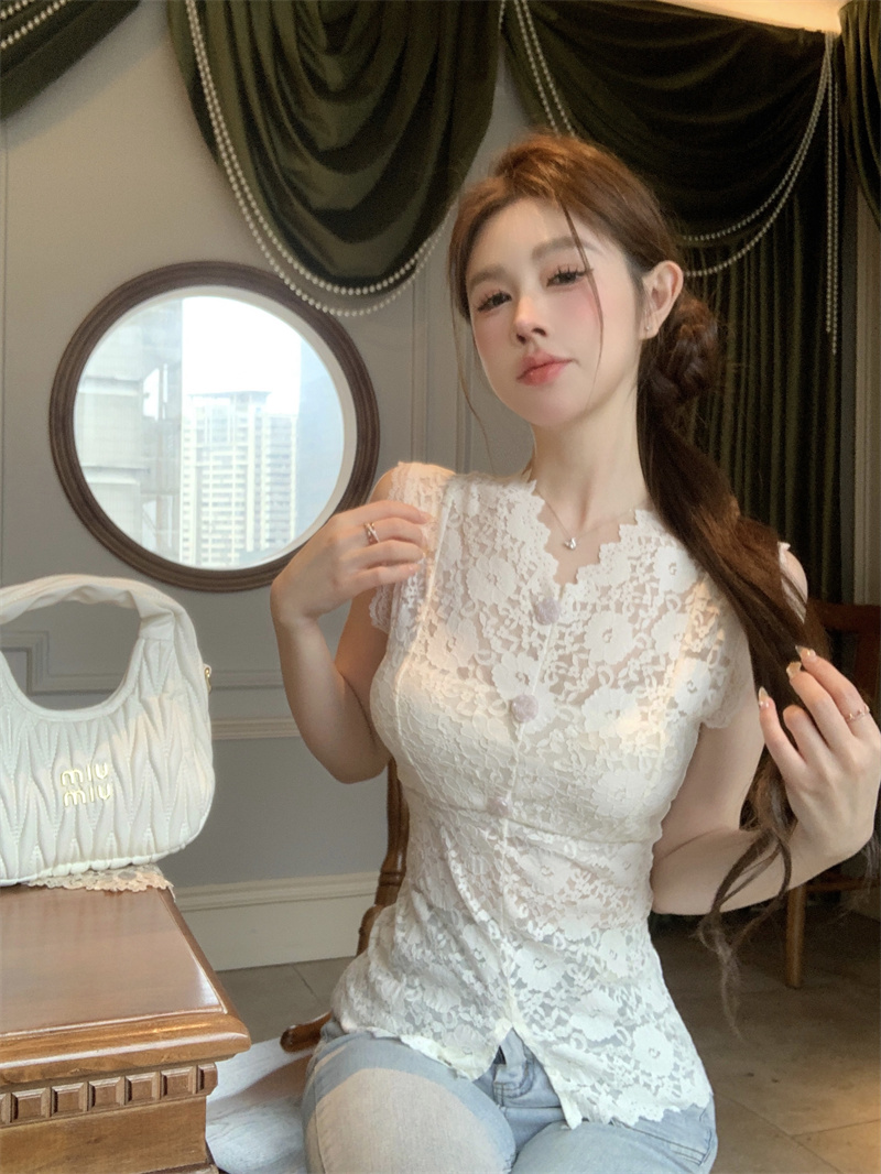 氣質蕾絲鏤空v領背心女2024新款外穿修身內搭打底衫無袖上衣實拍