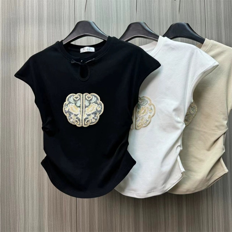 新中式夏季2024新款圓領刺繡短袖t恤女國風重工繡花修身百搭上衣