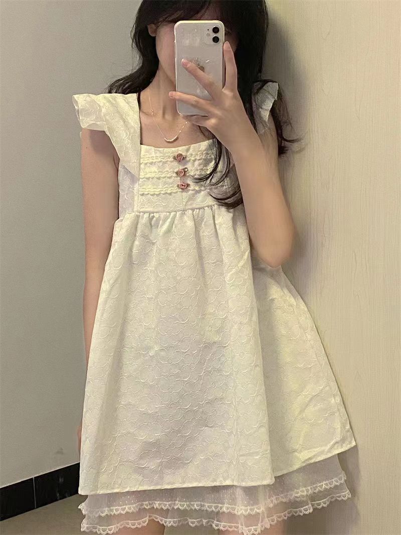 白色連衣裙女夏韓版新款甜美學生拼接蕾絲背帶裙子短初戀裙女百搭