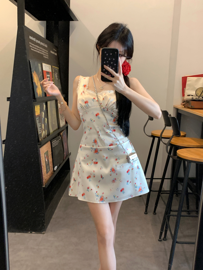實拍 復古碎花收腰顯瘦吊帶連衣裙春夏寬鬆絞花針織開衫外套