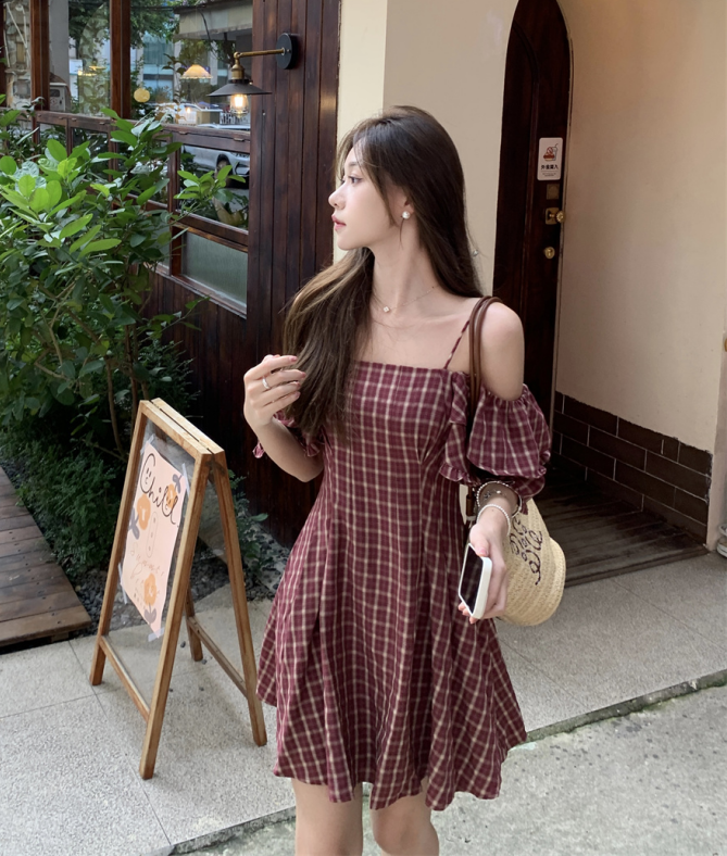 實拍！法式甜美復古格子一字領荷葉邊倆穿收腰顯瘦連衣裙女
