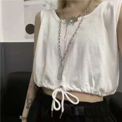 Women's Summer Outerwear Fashion Hong Kong Style Short Sleeve Loose Slimming Drawstring Tank Top with Straps and Navel Exposure