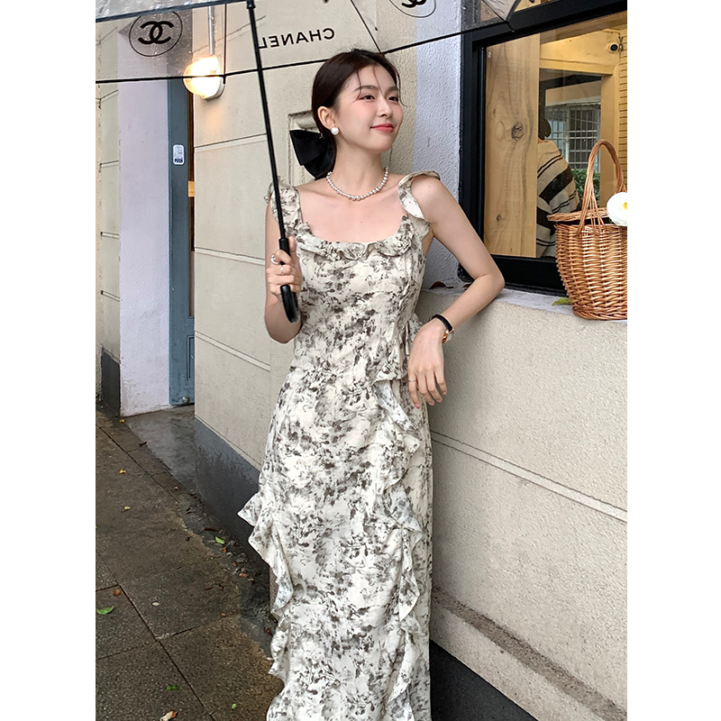 實拍 2024夏季新款優雅方領扎染不規則裙子吊帶雪紡碎花連衣裙女