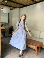 實拍# 法式高級感收腰顯瘦氣質泡泡袖連衣裙女夏