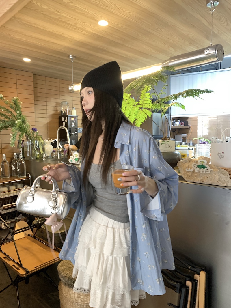 實拍 韓版寬鬆休閒慵懶風長袖碎花襯衫百搭學生開衫上衣外套