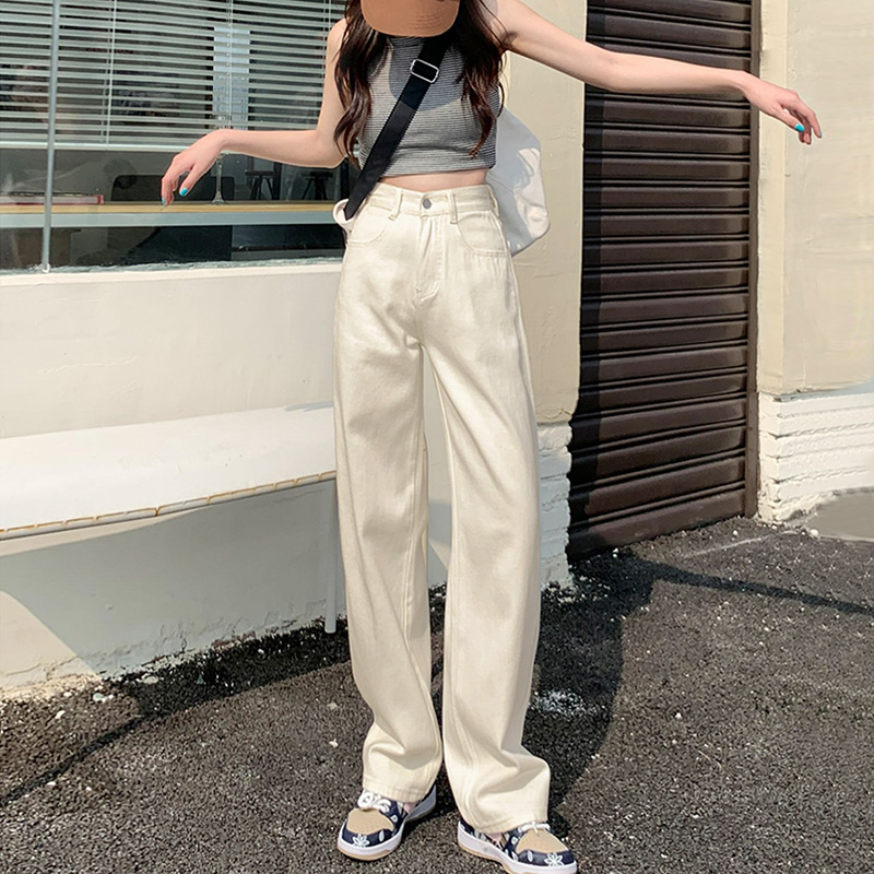 白色高腰牛仔褲女夏季薄款美式高街寬鬆顯瘦小個子窄版直筒闊腿褲