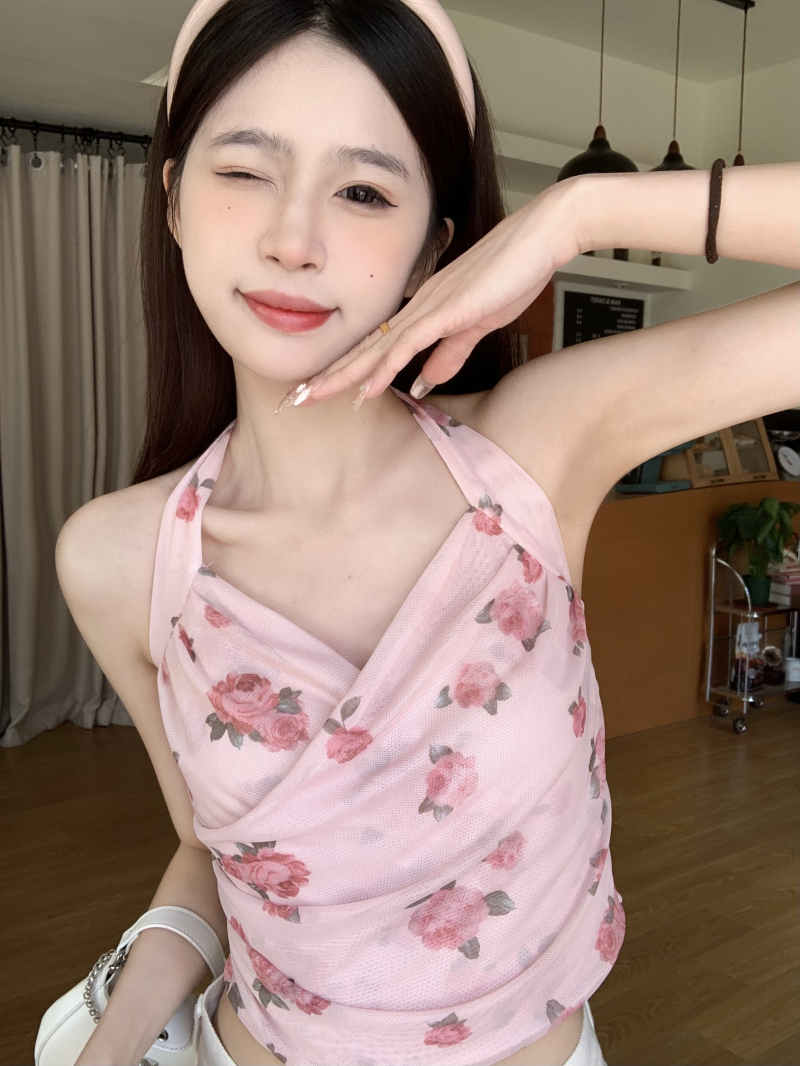 實拍~春夏新款法式溫柔浪漫碎花網紗掛脖甜美百搭吊帶上衣