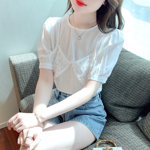 韩版2024女装夏季净色圆领甜美气质减龄假两件套头上衣