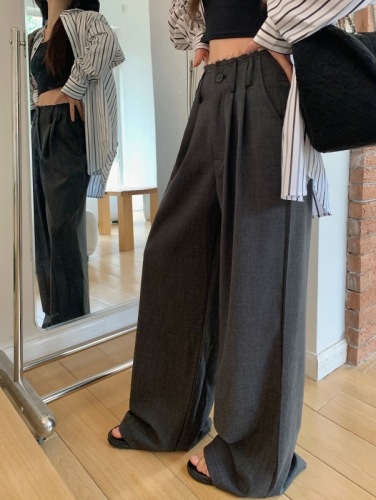 High-quality spring and summer thin hemp gray waistless hem design casual trousers with drapey straight wide-leg pants for women