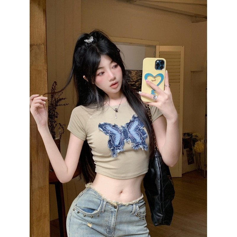 夏季蝴蝶牛仔貼布短款正肩短袖T恤女性感緊身露肚臍上衣