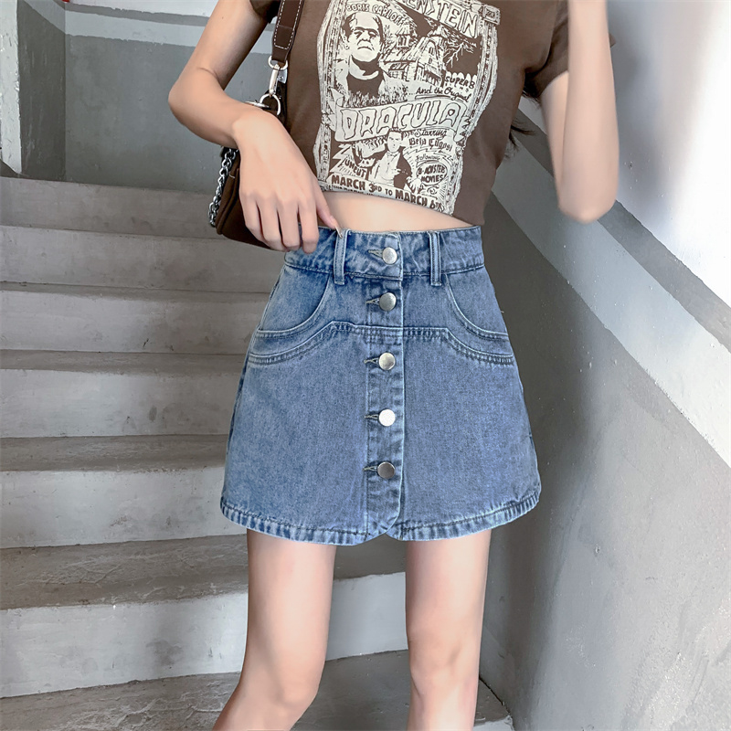 潮流排扣牛仔短褲女薄款高腰設計感小眾寬鬆大碼辣妹百搭牛仔裙褲