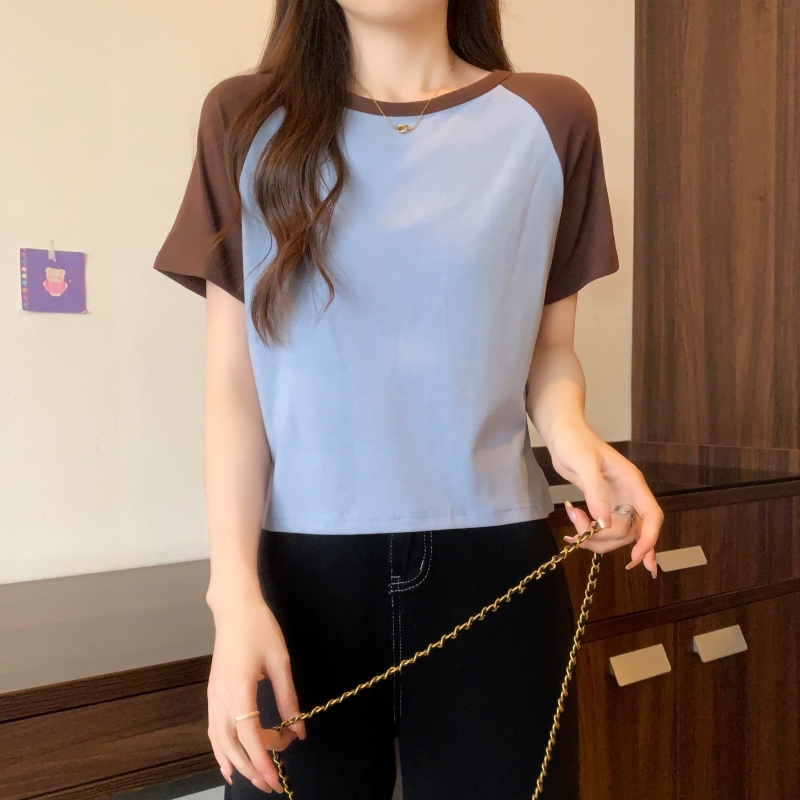 226#實拍  40支純棉 學院風2024夏裝撞色短袖T恤女ins潮短款