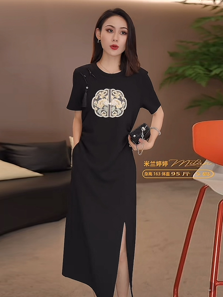 新中式刺繡釘珠側開叉氣質優雅國風連衣裙圓領套頭裙子