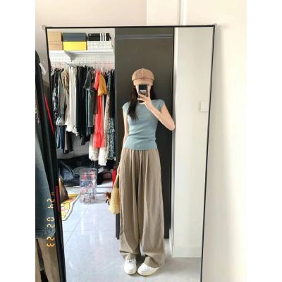 純欲甜辣妹圓領收腰藍色背心女夏季復古高腰寬鬆休閒直筒闊腿長褲
