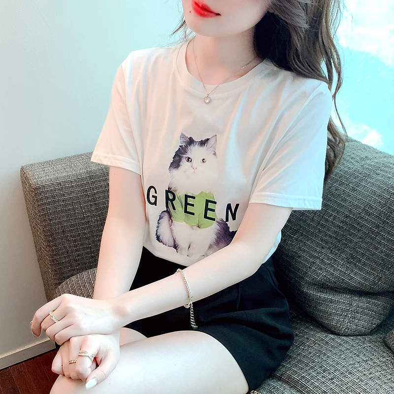 印花白色短袖T恤女2024年夏新款設計感小眾寬鬆純棉上衣