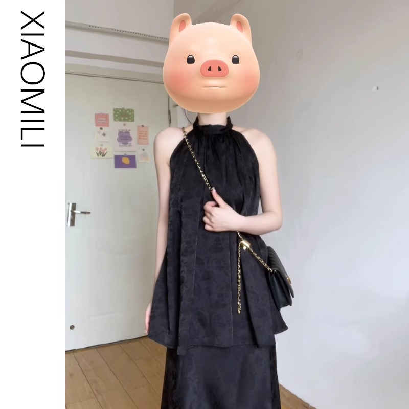 復古國風提花掛脖吊帶女夏季黑色無袖削肩上衣獨特緞面新中式小衫