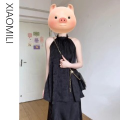 Retro-style floral print V-neck strapless women's summer black sleeveless off-shoulder top unique satin new Chinese-style blouse