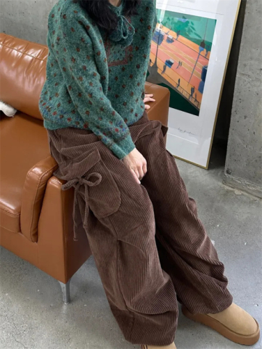 春季新款韩国ins可爱少女蝴蝶结系带口袋灯芯绒工装裤宽松长裤