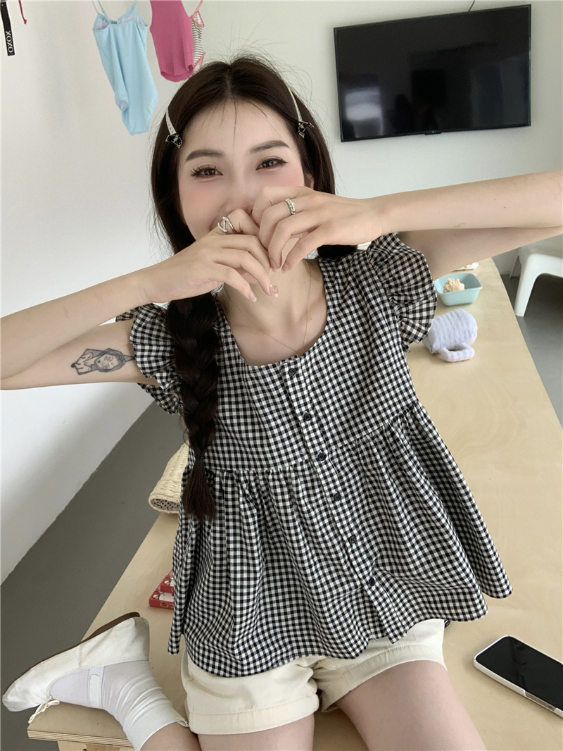 實拍 新款 韓版甜美復古格子小單排扣寬鬆顯瘦上衣