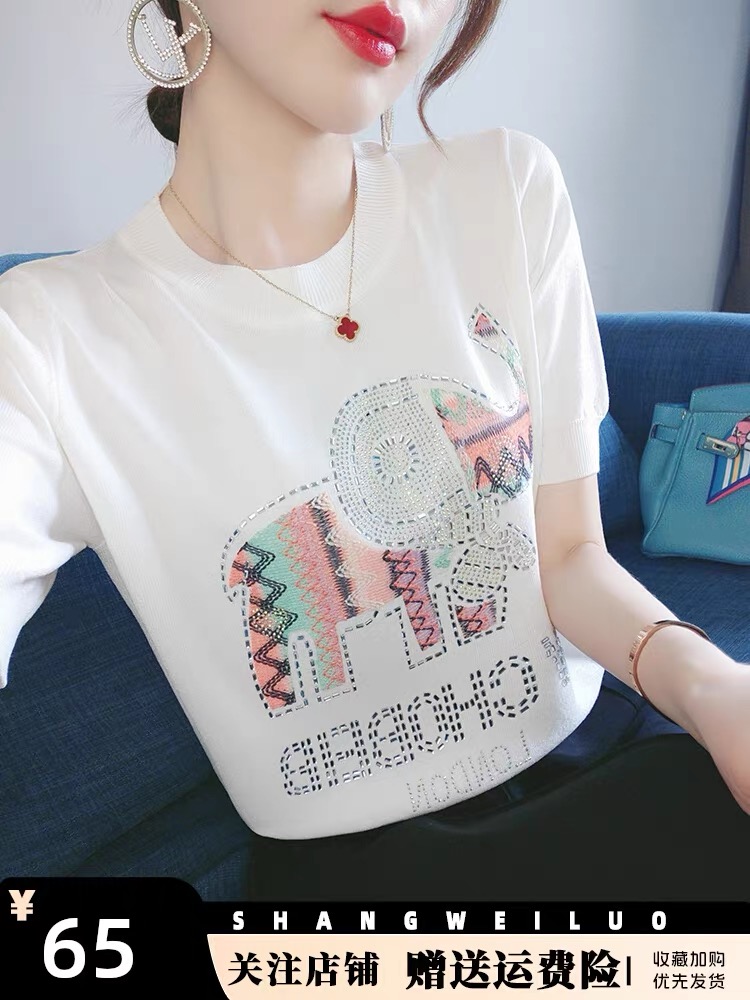 冰絲針織衫女夏季短袖T恤2024新款薄款重工釘珠刺繡獨特設計上衣