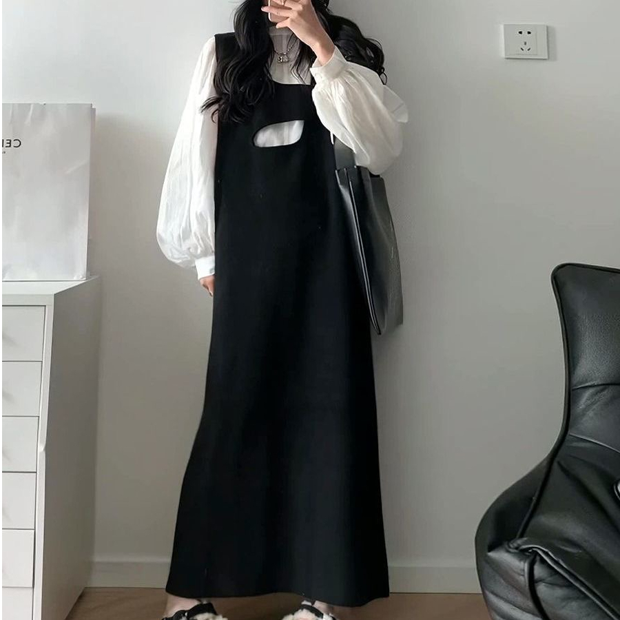 高級感休閒時尚套裝裙女春季新款黑色背帶連衣裙燈籠袖襯衣兩件套