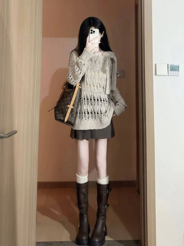 慵懶風鏤空針織衫女薄款設計感小眾掛脖系帶針織衫上衣春夏季新款