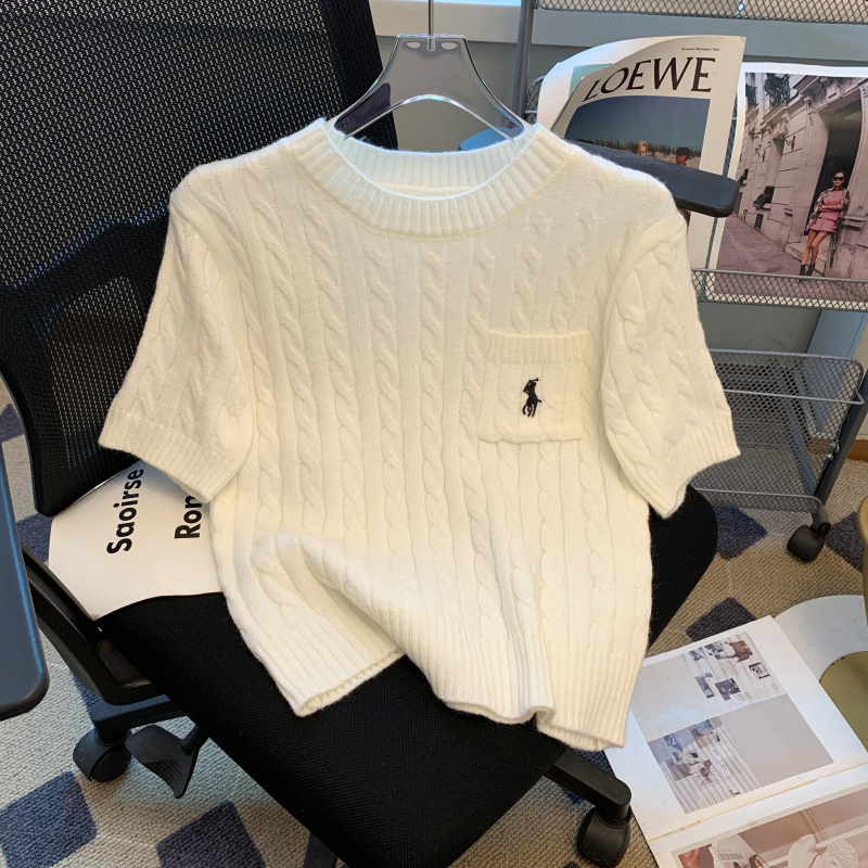 刺繡馬兒麻花短袖針織衫上衣女圓領T恤學院風絞花修身打底上衣