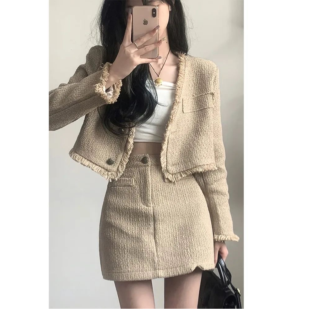 兩件套裝小香風辣妹設計感流蘇V領短款外套女+高腰顯瘦半身裙