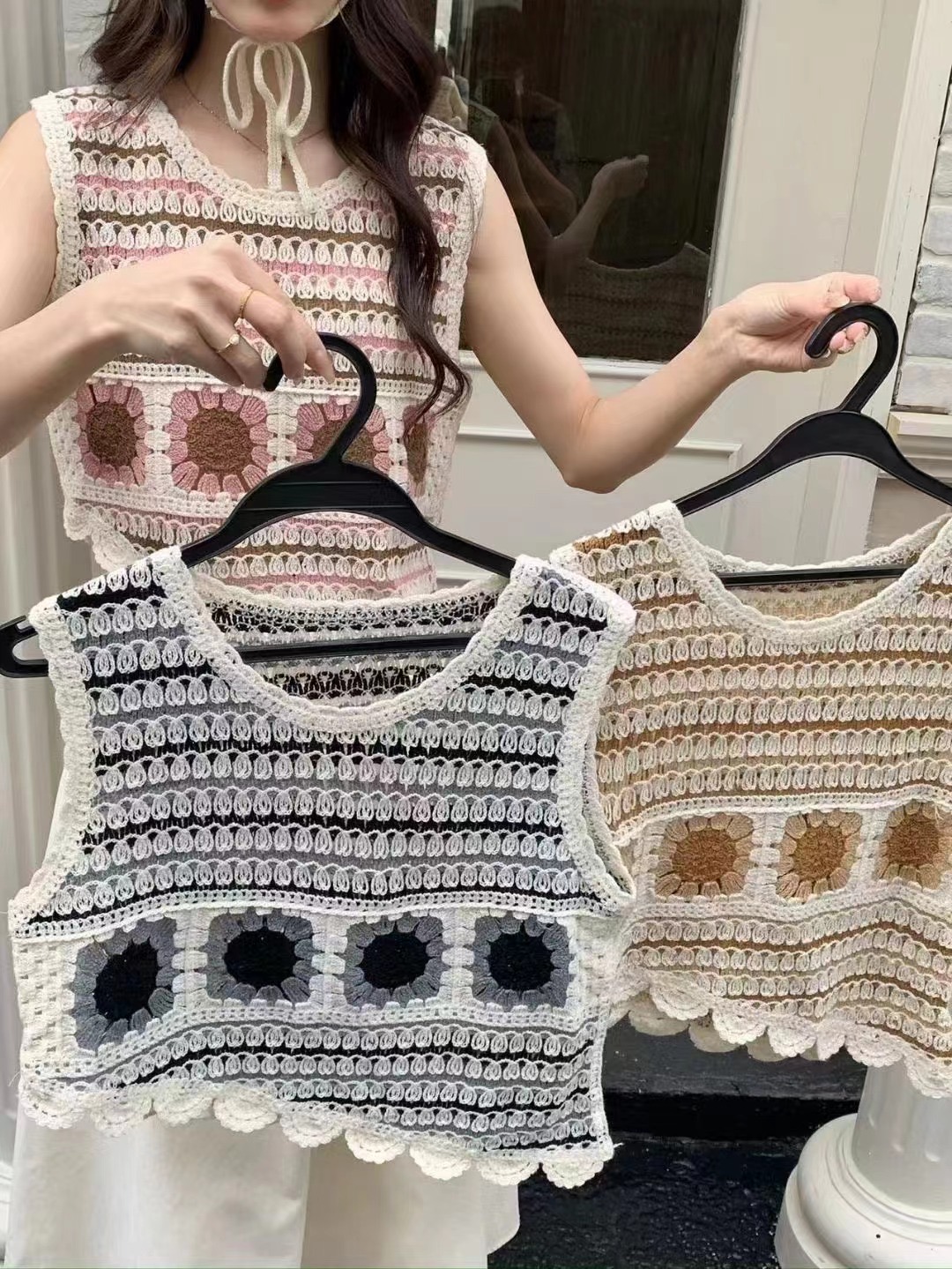 2024復古鏤空背心女斜邊下擺設計感小眾別刺繡無袖馬甲
