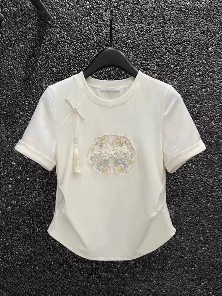 新中式國風刺繡盤扣短袖T恤2024春夏大碼微胖設計感高端修身上衣
