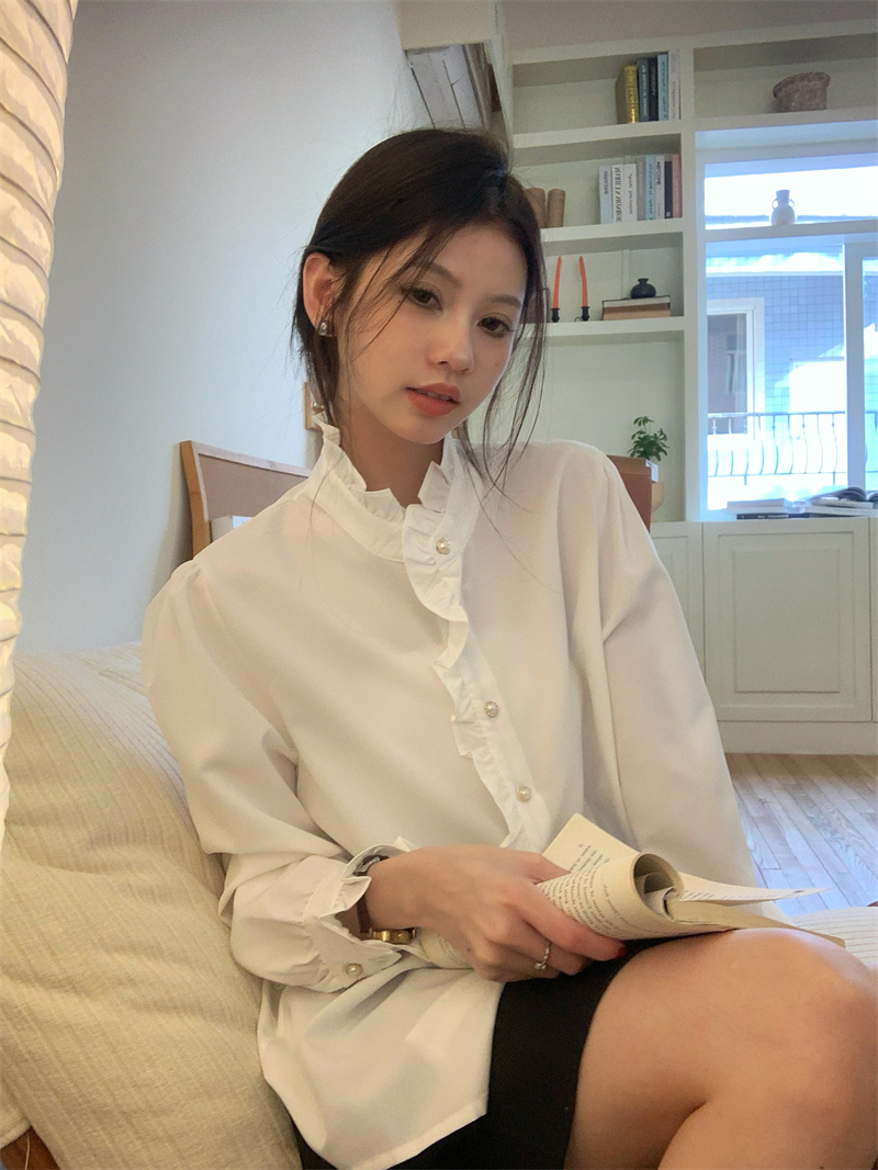 實拍~白色木耳邊花邊立領長袖襯衫法式宮廷風氣質百搭打底