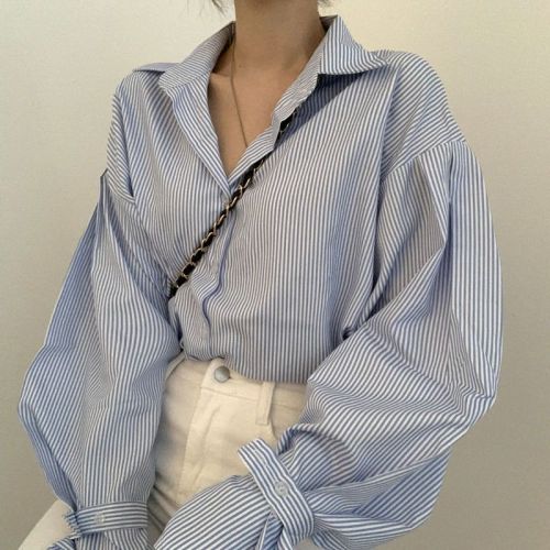 Spring new Korean style college style design loose and versatile niche lantern sleeve striped shirt tops for women