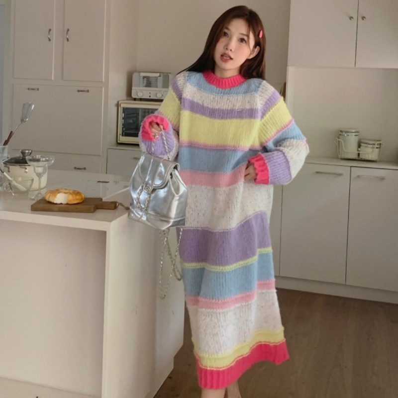 多巴胺彩虹條紋長袖針織連衣裙女秋冬款慵懶風寬鬆直筒中長款裙子