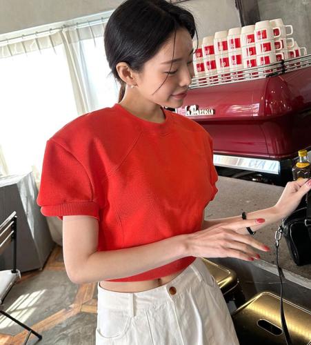 INS韩国设计感圆领泡泡袖洋气短装卫衣夏季百搭显瘦T恤
