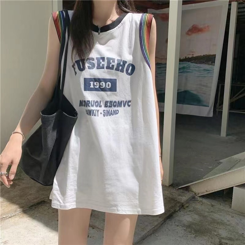 無袖t恤女夏季外穿街頭美式籃球服運動背心寬鬆中長款上衣