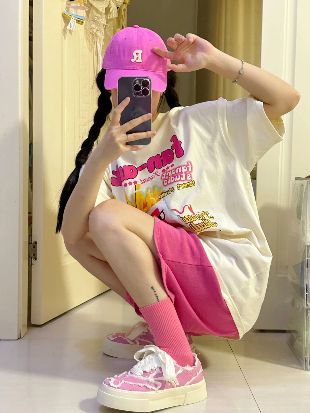 2024夏季韓版休閒運動服套裝女純棉學生短袖T恤+粉色短褲兩件套裝