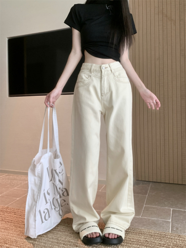 Actual shot~Spring and summer new high-waist slimming retro washed blue floor-length straight jeans