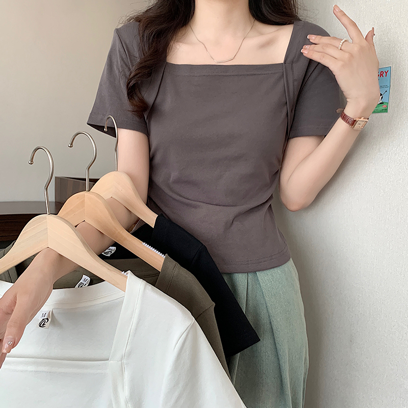 實拍 不規則方領正肩短袖t恤女設計感小眾短款修身打底衫