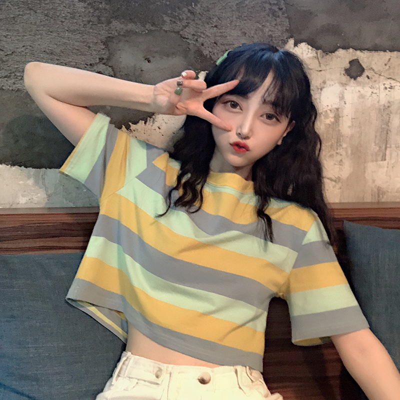 夏季新款韓版寬鬆彩虹條紋短袖T恤女學生短款露臍百搭上衣潮
