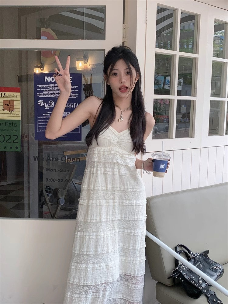 法式白色蛋糕裙子女夏季新款高級感打底吊帶連衣裙小個子氣質長裙