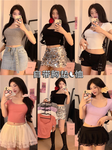 Real shot!  Summer new square-neck design, versatile, slimming and slimming T-shirt for women with chest pads