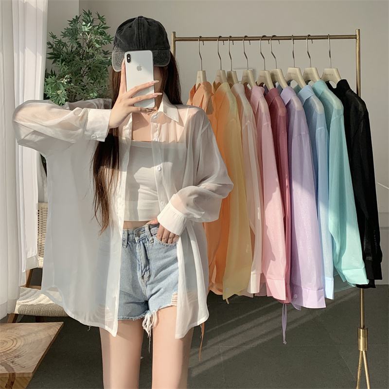 實拍 薄款防曬寬鬆襯衫女夏季白色中長款後開叉休閒襯衣外套