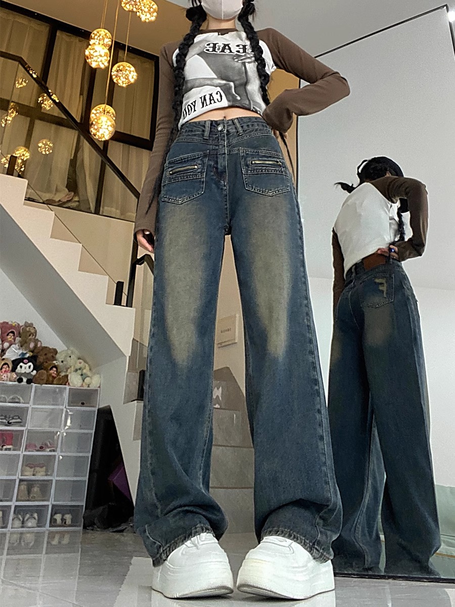 大碼復古直筒牛仔褲女春夏胖mm寬鬆顯瘦高腰闊腿拖地長褲子S-5XL