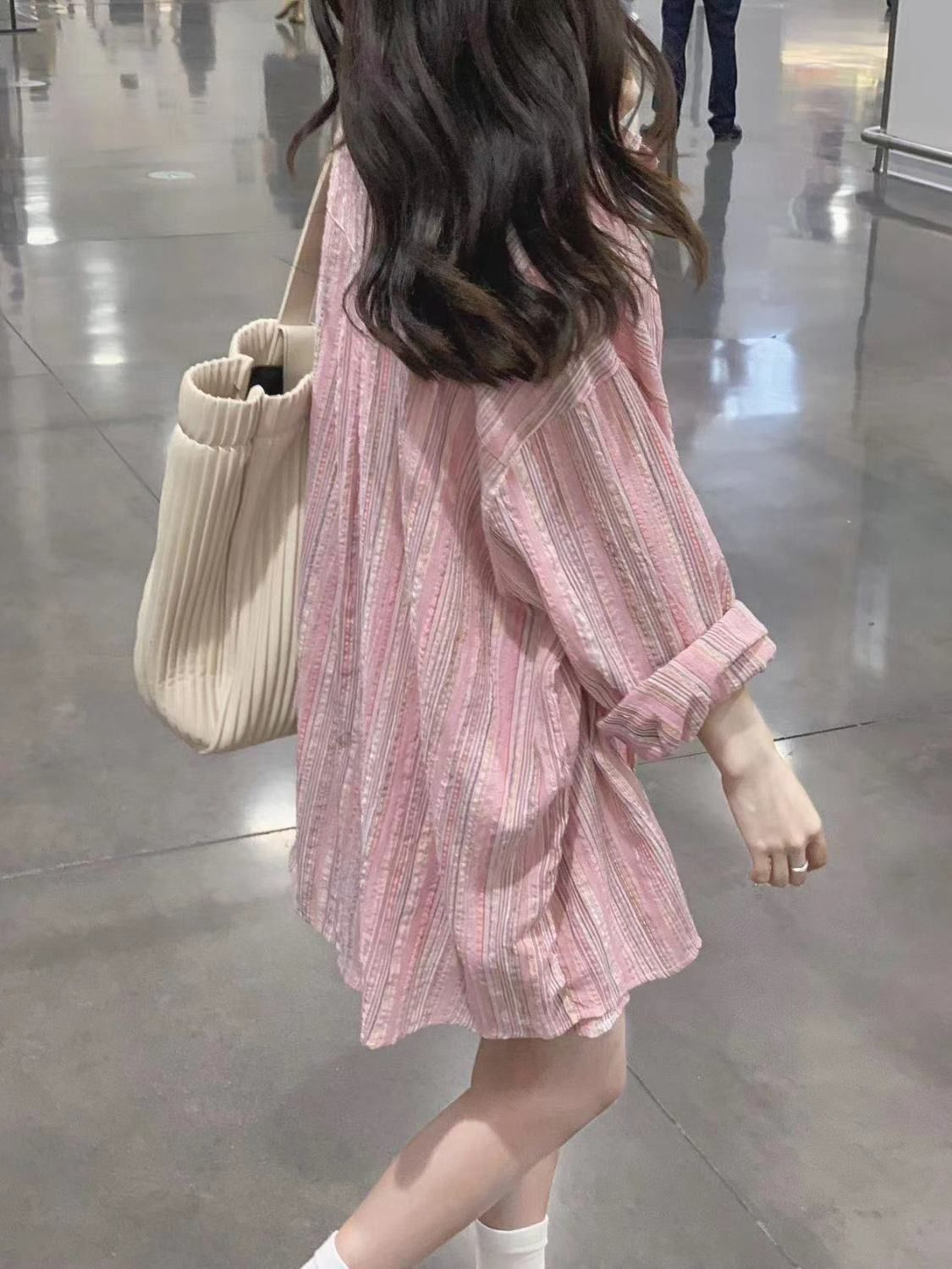 高品質#慵懶風長袖襯衫防曬外套女夏季復古粉色條紋襯衣休閒上衣